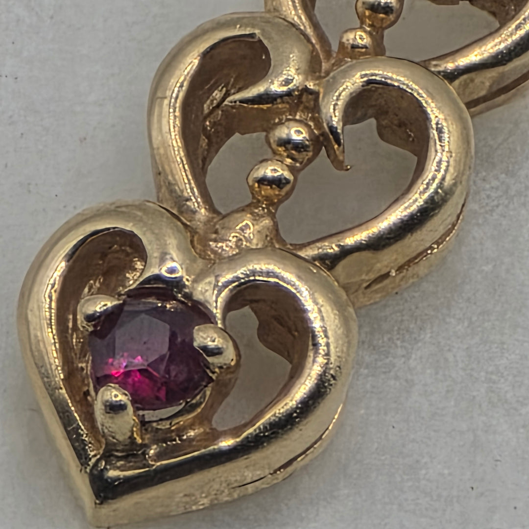 14K Gold & Ruby Triple Heart Pendant & Mirror Link Chain