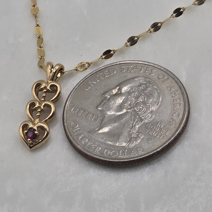 14K Gold & Ruby Triple Heart Pendant & Mirror Link Chain