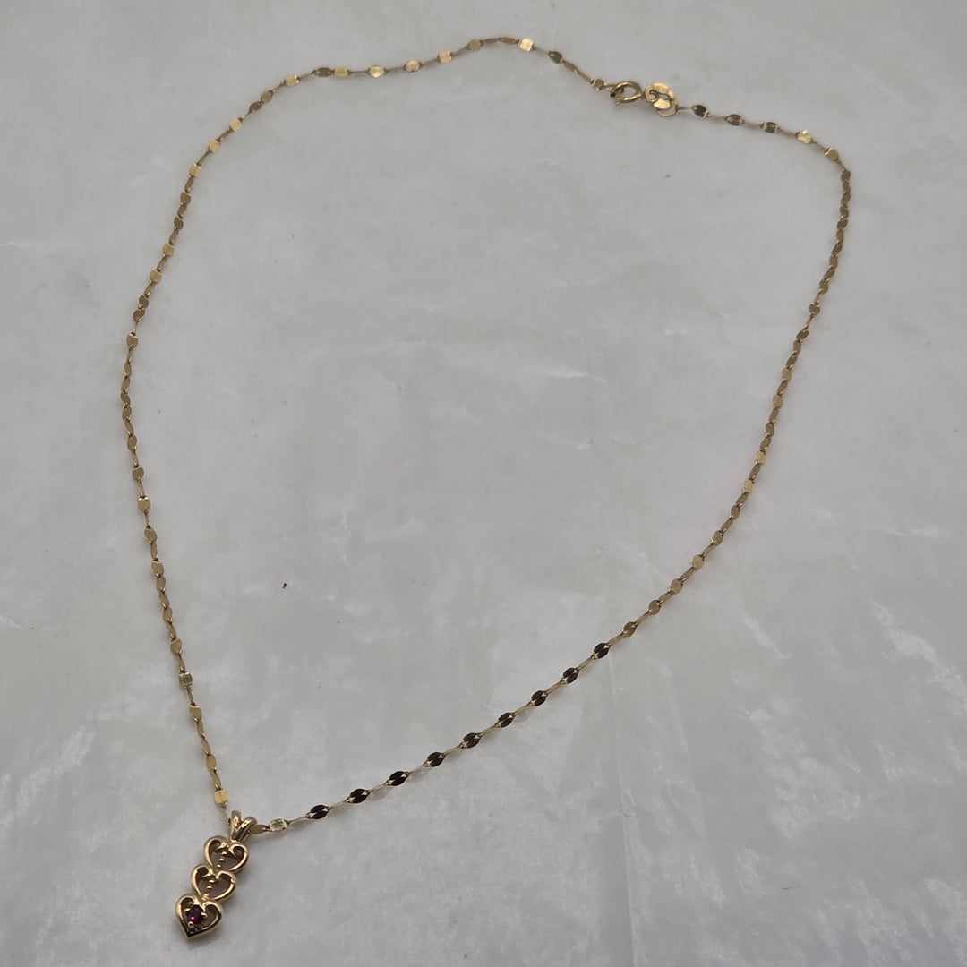 14K Gold & Ruby Triple Heart Pendant & Mirror Link Chain