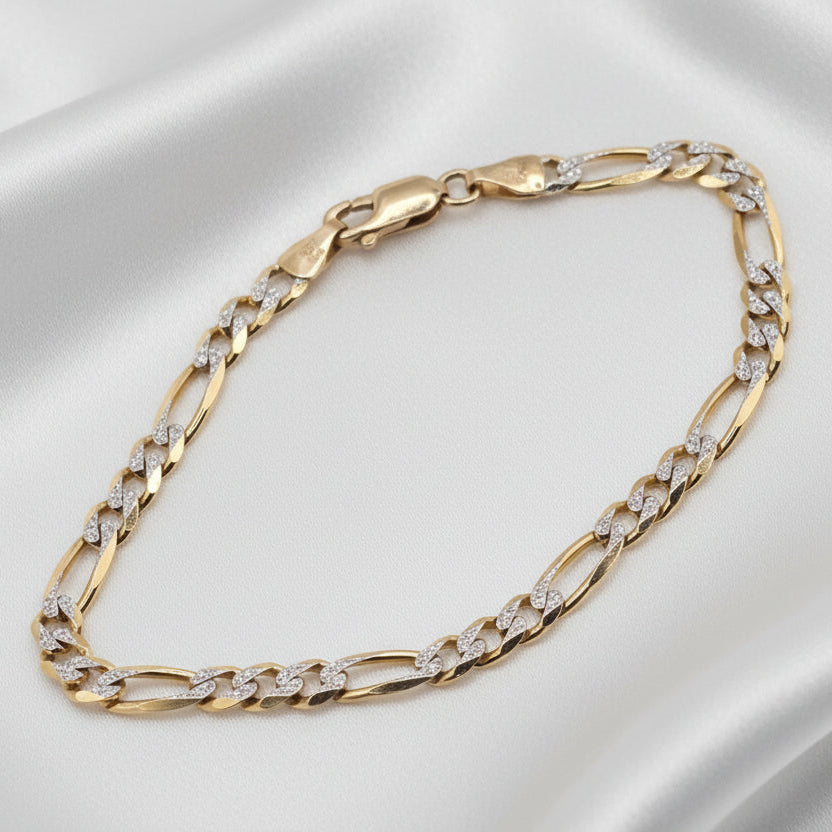 14K Gold Figaro Link Bracelet with Diamond Cut Highlights