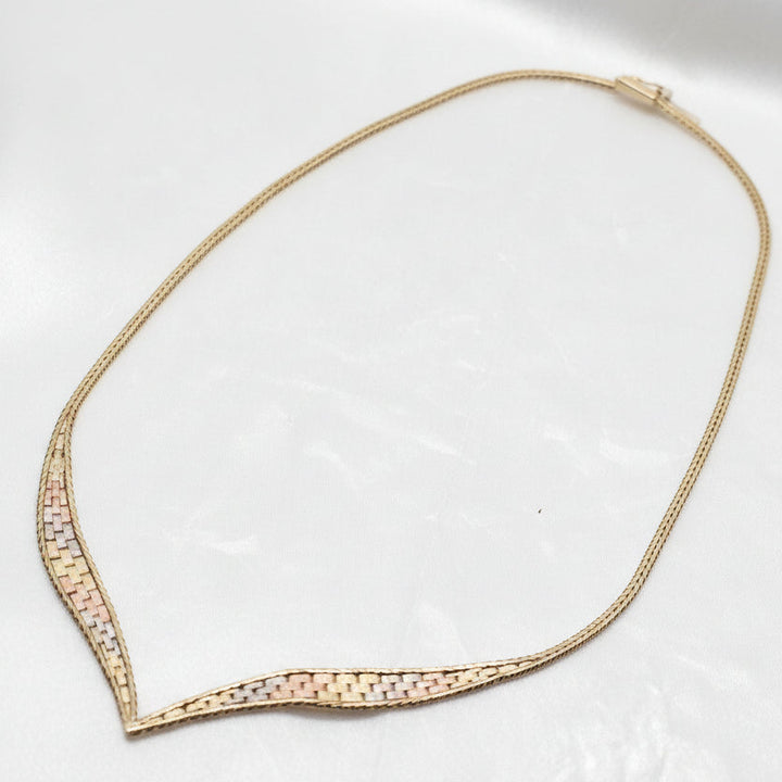 14K Gold Reversible Tri-Color Chevron "V" Choker Necklace