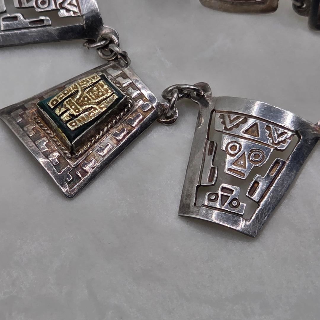Sterling Silver Mexican Aztec Symbols Bracelet and Necklace Set