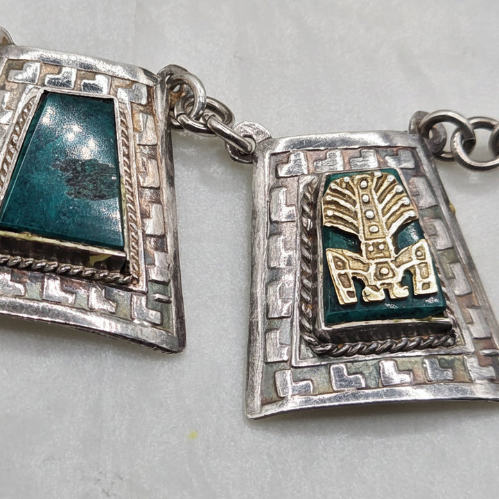 Sterling Silver Mexican Aztec Symbols Bracelet and Necklace Set