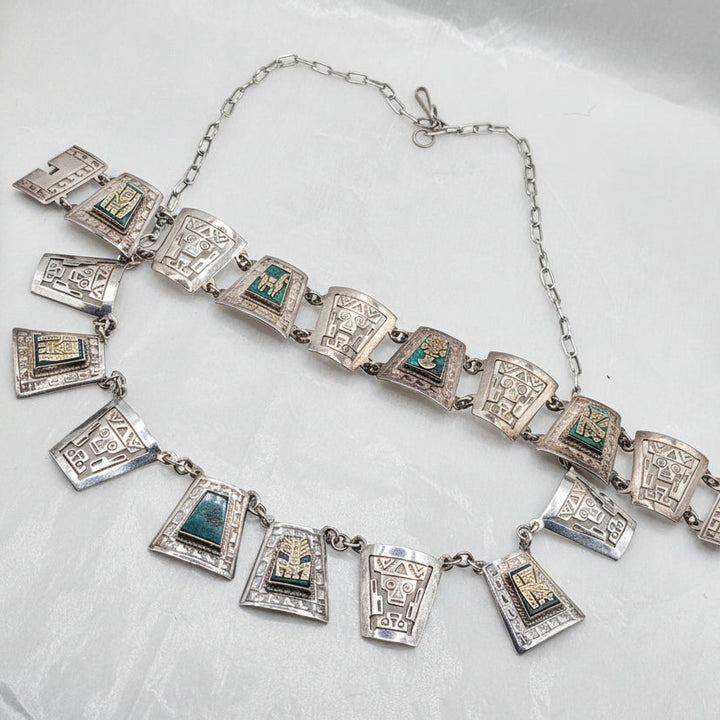 Sterling Silver Mexican Aztec Symbols Bracelet and Necklace Set