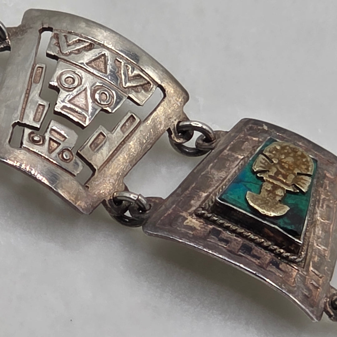 Sterling Silver Mexican Aztec Symbols Bracelet and Necklace Set