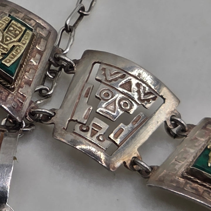 Sterling Silver Mexican Aztec Symbols Bracelet and Necklace Set