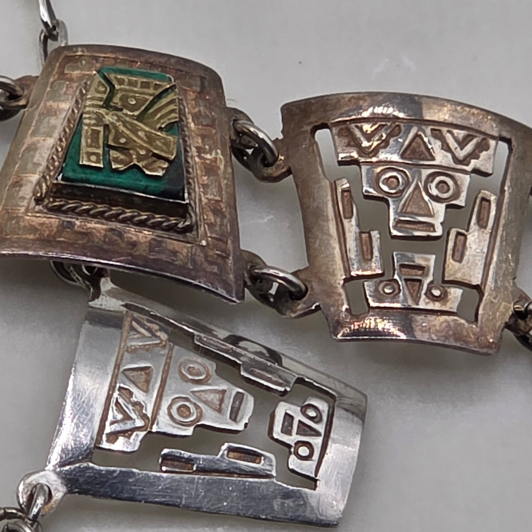 Sterling Silver Mexican Aztec Symbols Bracelet and Necklace Set