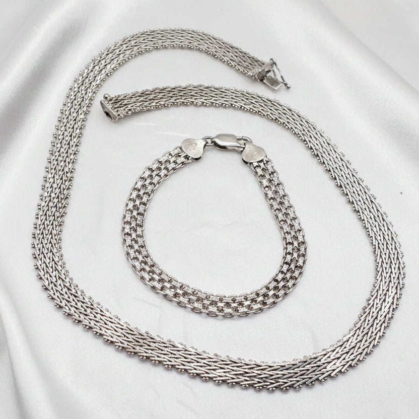 Authentic Milor Sterling Silver Woven Mesh Bracelet & Necklace Set