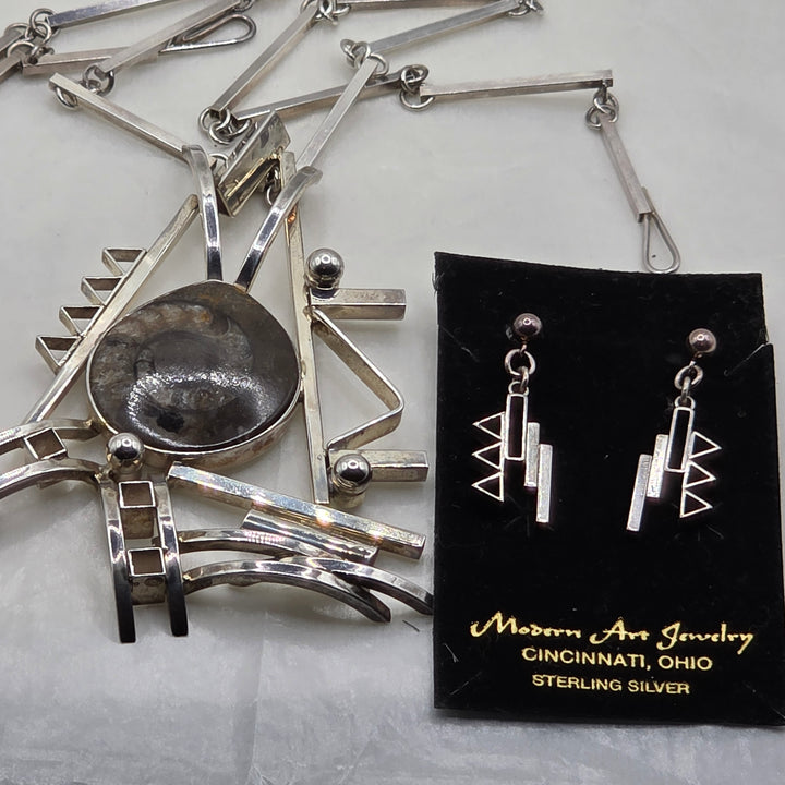 Sterling Silver Modernist Studio Art Necklace & Earrings Set