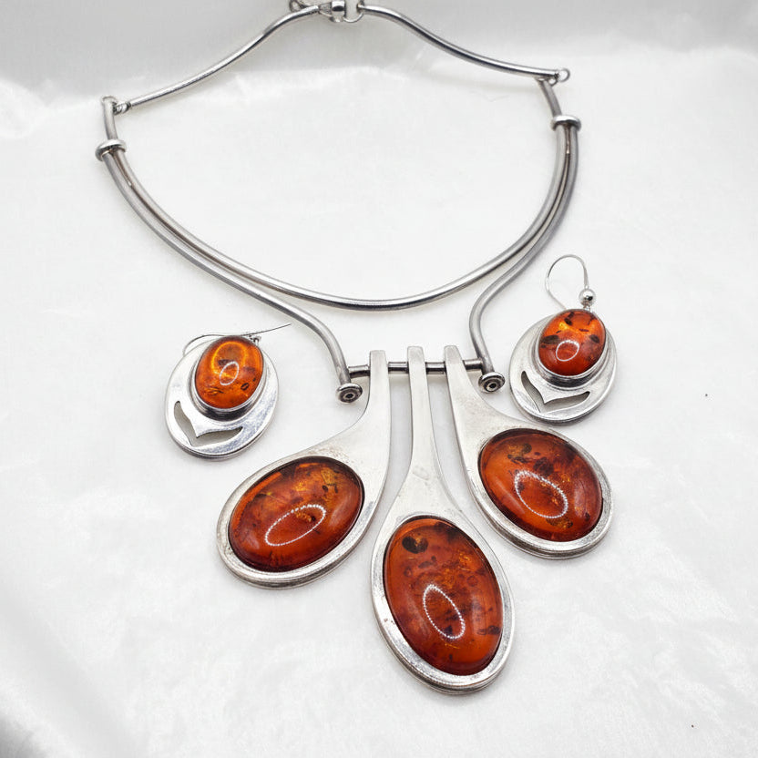 Sterling Silver Brutalist Influenced Statement Collar Necklace & Earrings