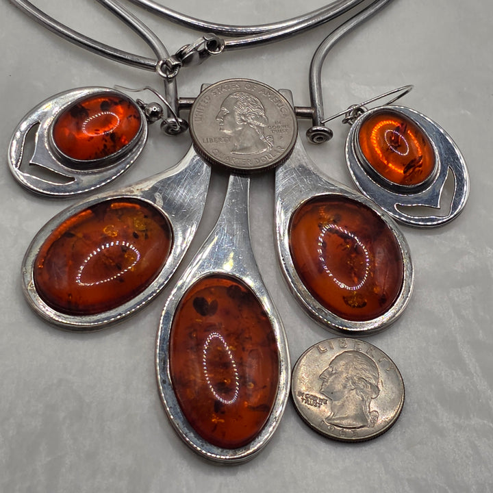 Sterling Silver Brutalist Influenced Statement Collar Necklace & Earrings