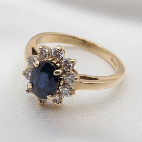 14K Gold, Halo Diamond and Blue Sapphire Statement Ring