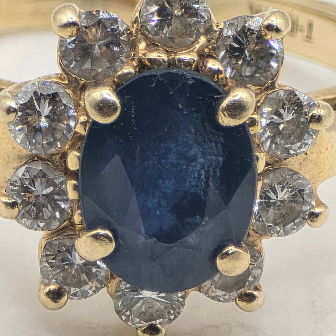 14K Gold, Halo Diamond and Blue Sapphire Statement Ring
