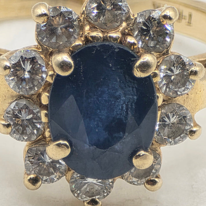 14K Gold, Halo Diamond and Blue Sapphire Statement Ring