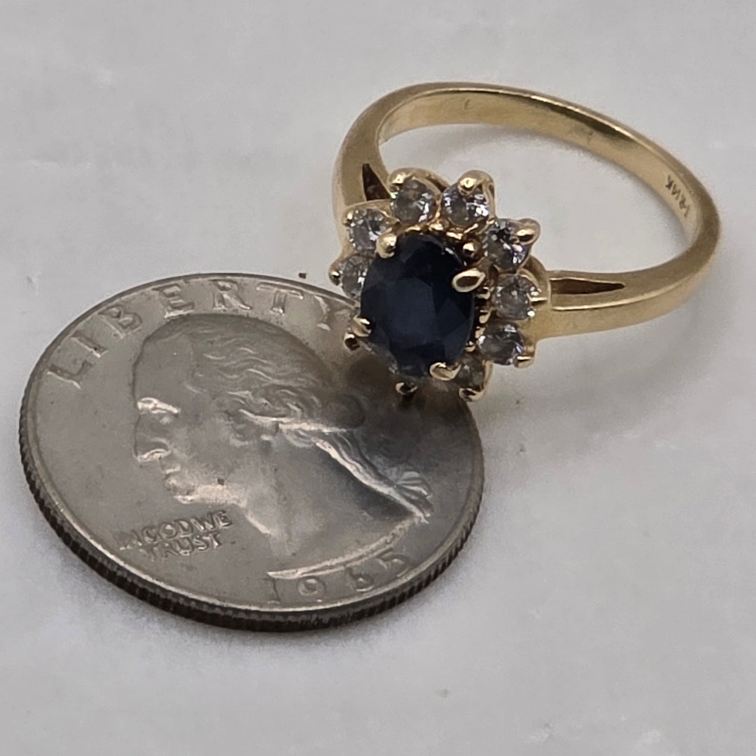 14K Gold, Halo Diamond and Blue Sapphire Statement Ring