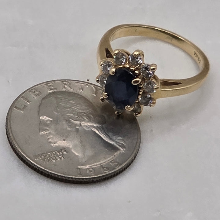 14K Gold, Halo Diamond and Blue Sapphire Statement Ring