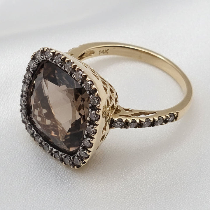 14K Gold, Halo Diamond and Smokey Quartz Cocktail Ring