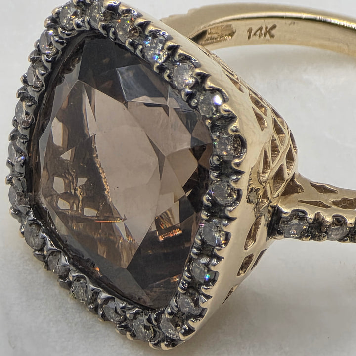 14K Gold, Halo Diamond and Smokey Quartz Cocktail Ring