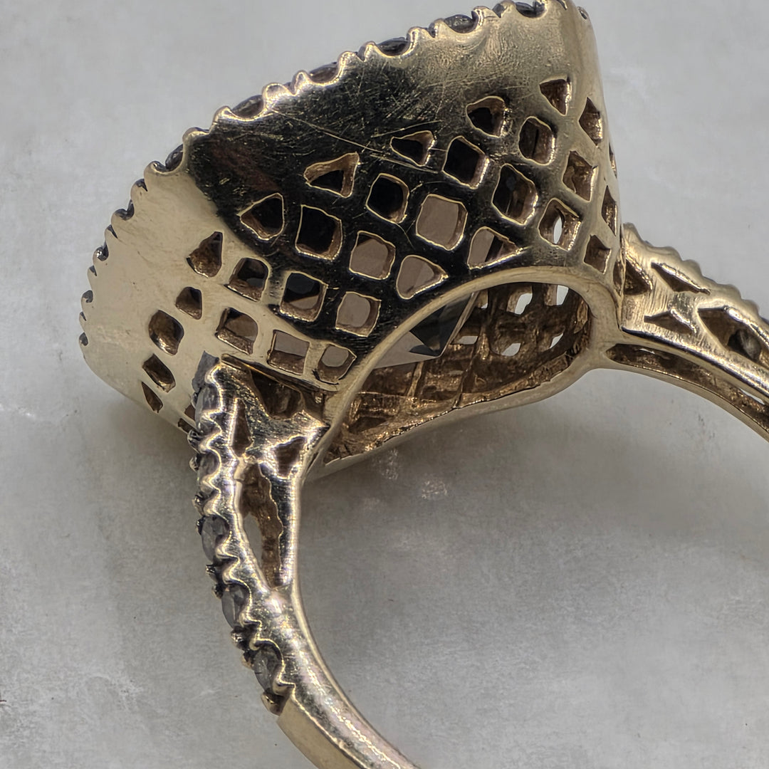 14K Gold, Halo Diamond and Smokey Quartz Cocktail Ring