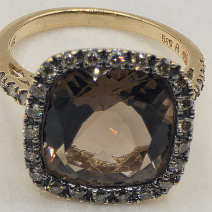 14K Gold, Halo Diamond and Smokey Quartz Cocktail Ring