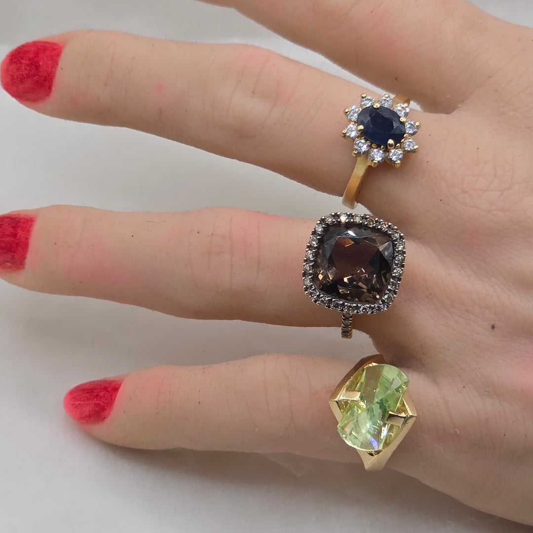 14K Gold, Halo Diamond and Blue Sapphire Statement Ring
