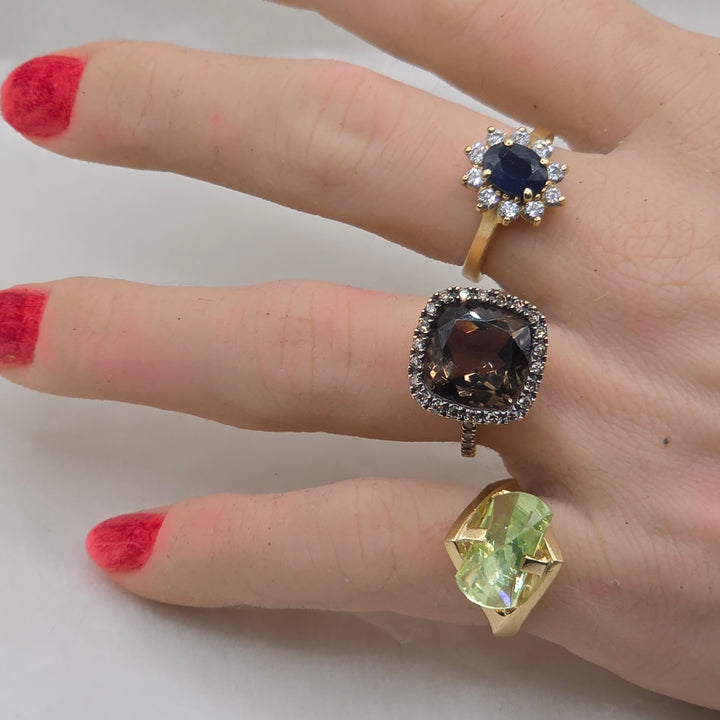 14K Gold, Halo Diamond and Smokey Quartz Cocktail Ring