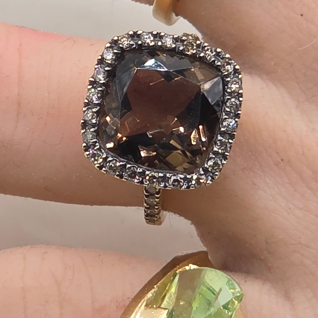 14K Gold, Halo Diamond and Smokey Quartz Cocktail Ring