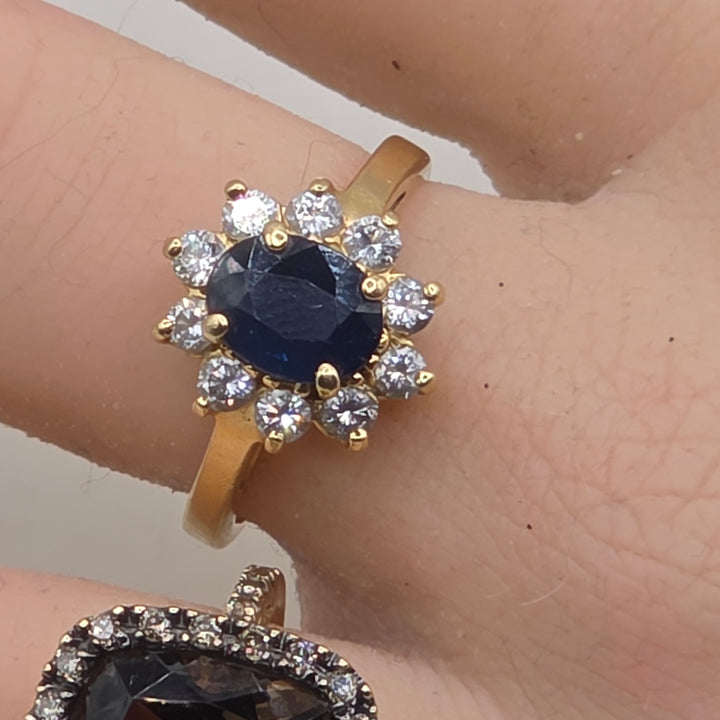 14K Gold, Halo Diamond and Blue Sapphire Statement Ring