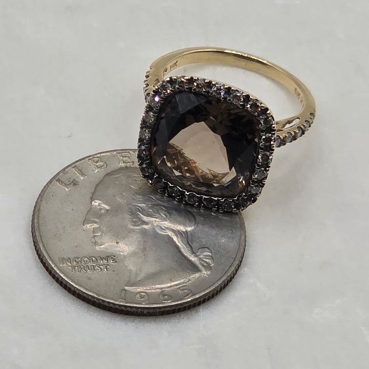 14K Gold, Halo Diamond and Smokey Quartz Cocktail Ring