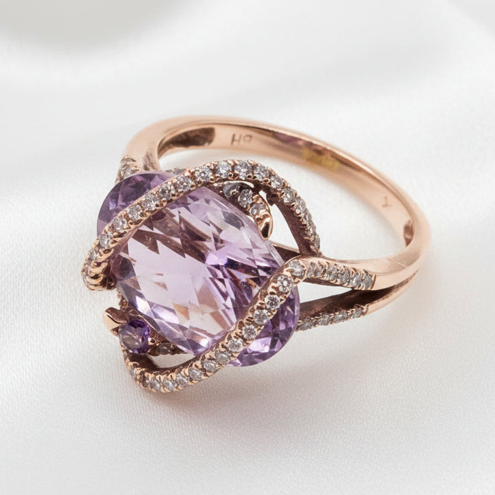 14k Gold, Amethyst & Diamond Cross Over Ribbon Statement Ring