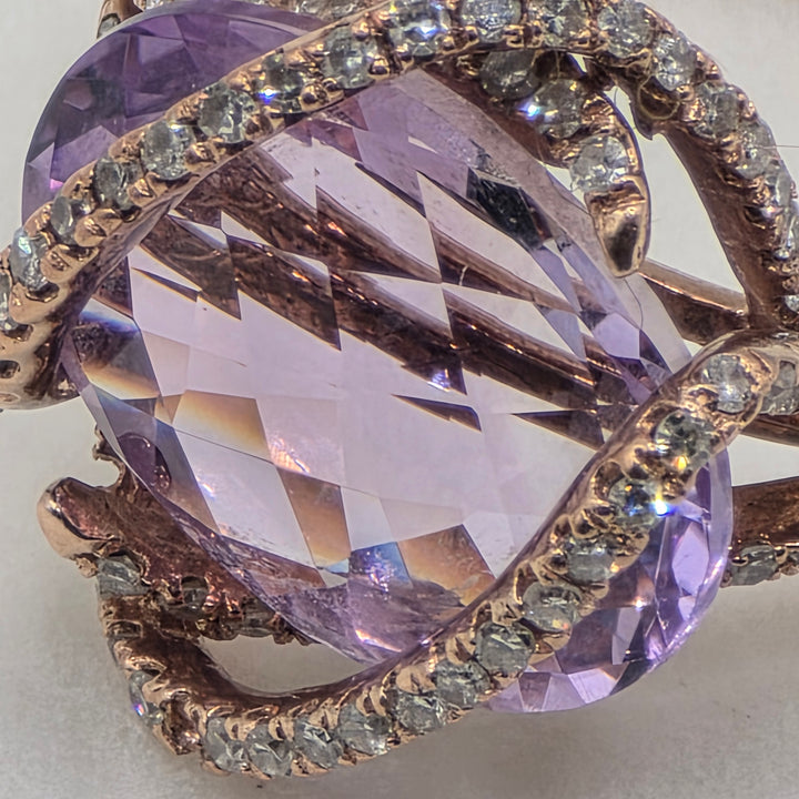 14k Gold, Amethyst & Diamond Cross Over Ribbon Statement Ring
