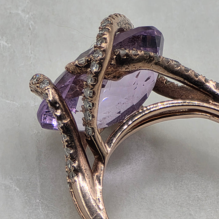 14k Gold, Amethyst & Diamond Cross Over Ribbon Statement Ring