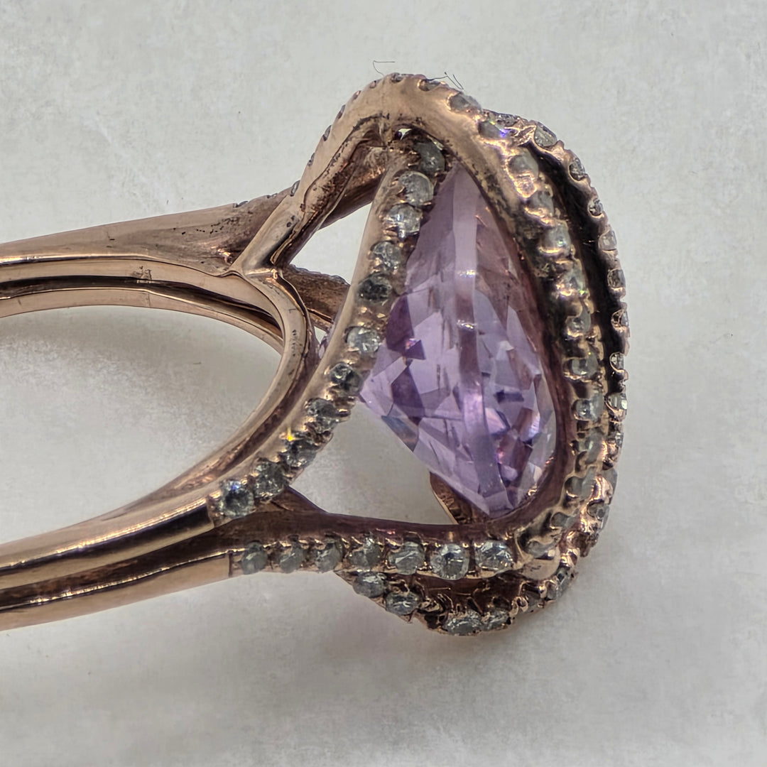 14k Gold, Amethyst & Diamond Cross Over Ribbon Statement Ring