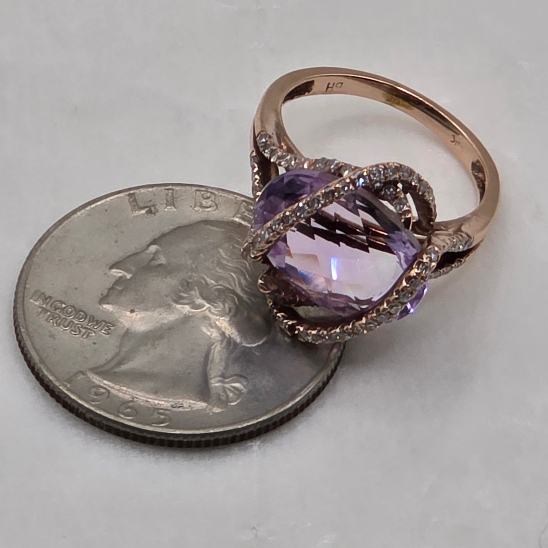 14k Gold, Amethyst & Diamond Cross Over Ribbon Statement Ring