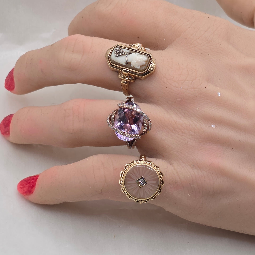 14k Gold, Amethyst & Diamond Cross Over Ribbon Statement Ring
