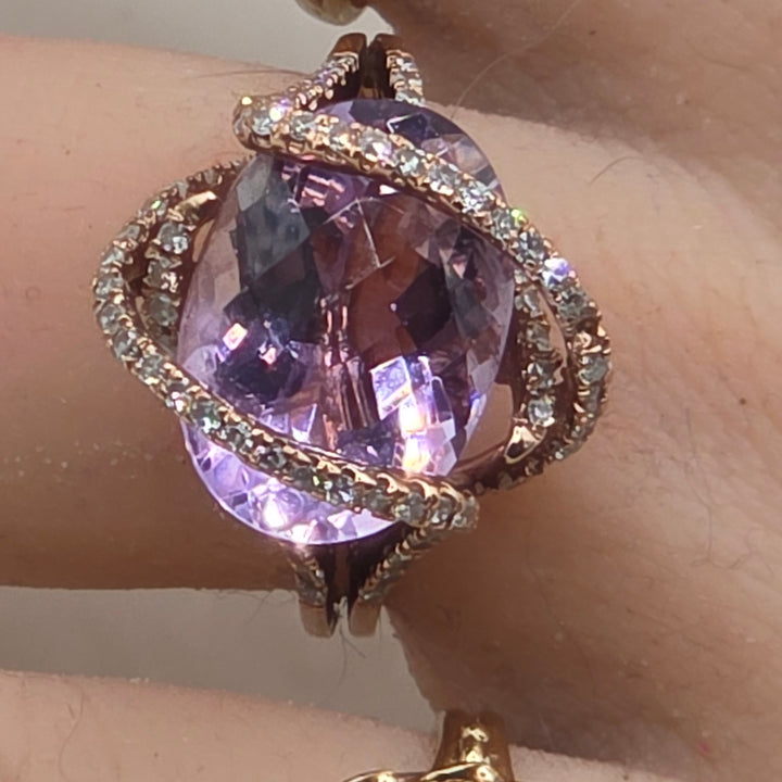 14k Gold, Amethyst & Diamond Cross Over Ribbon Statement Ring