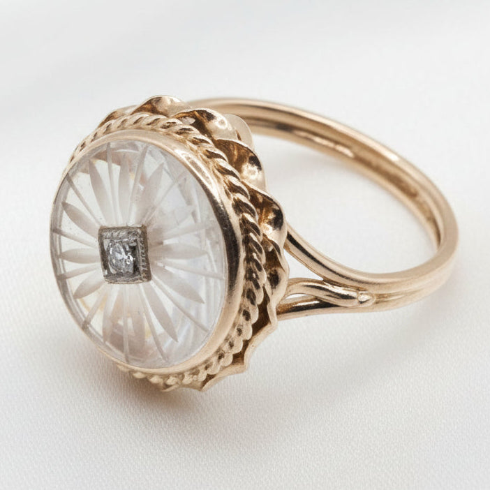 14K Gold Art Deco Starburst & Diamond Statement Ring