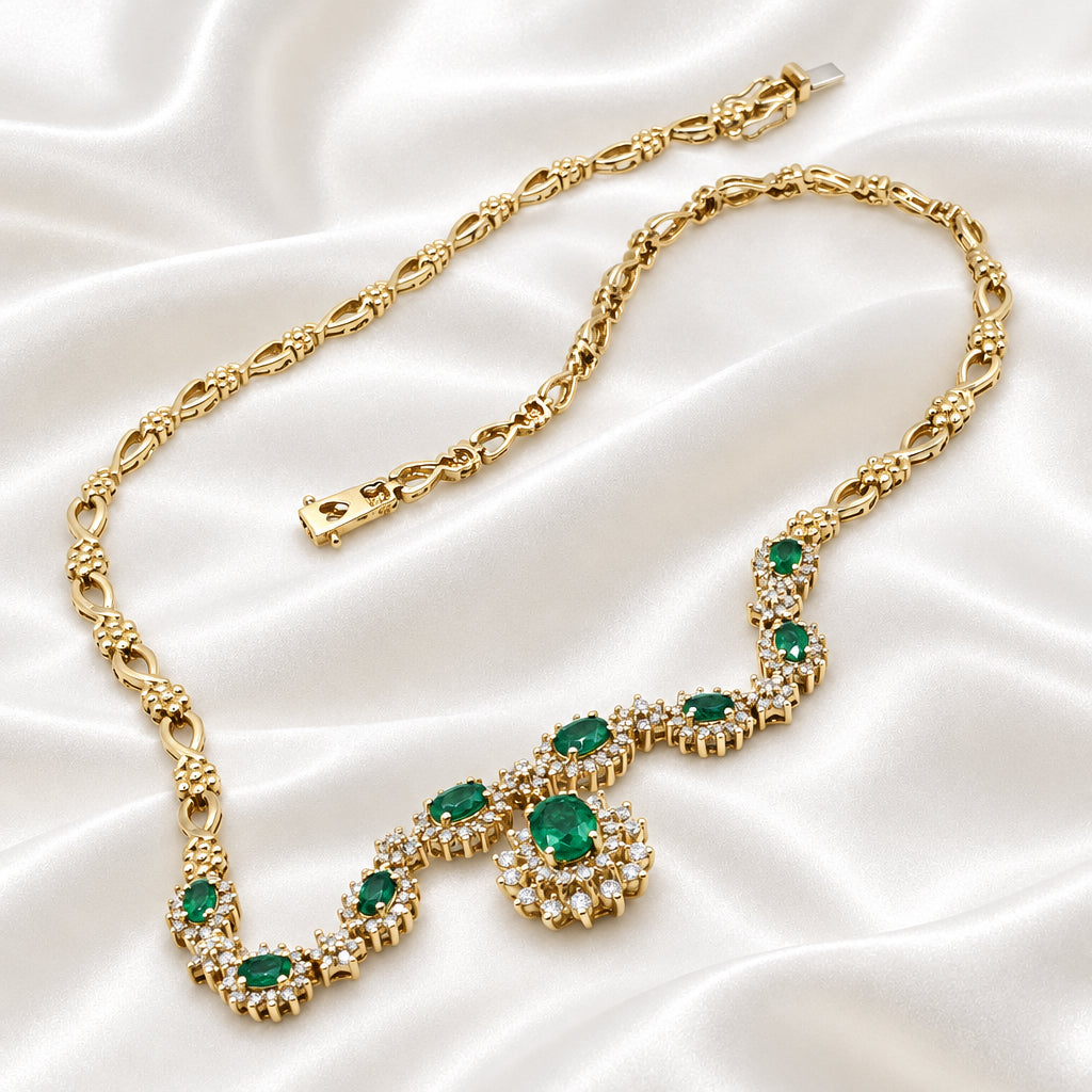 Authentic EFFY 14K Gold, Diamond & Emerald Graduated Necklace