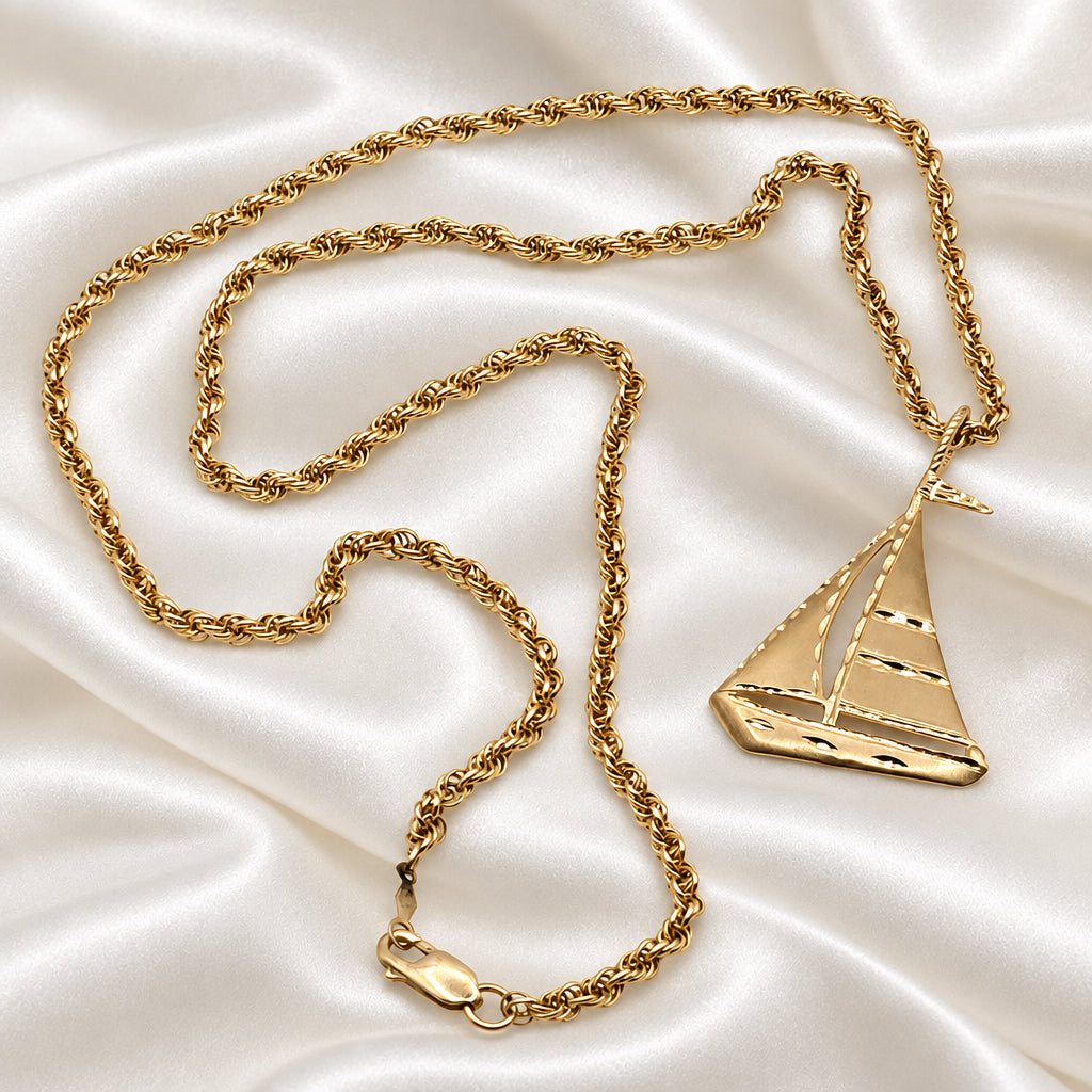 14K Gold Unisex Nautical Sailboat & Rope Chain Necklace