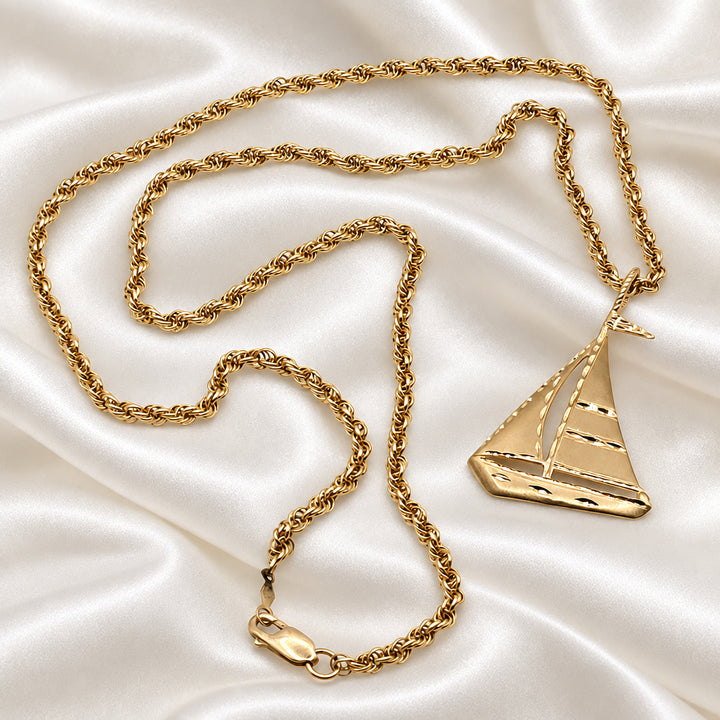 14K Gold Unisex Nautical Sailboat & Rope Chain Necklace