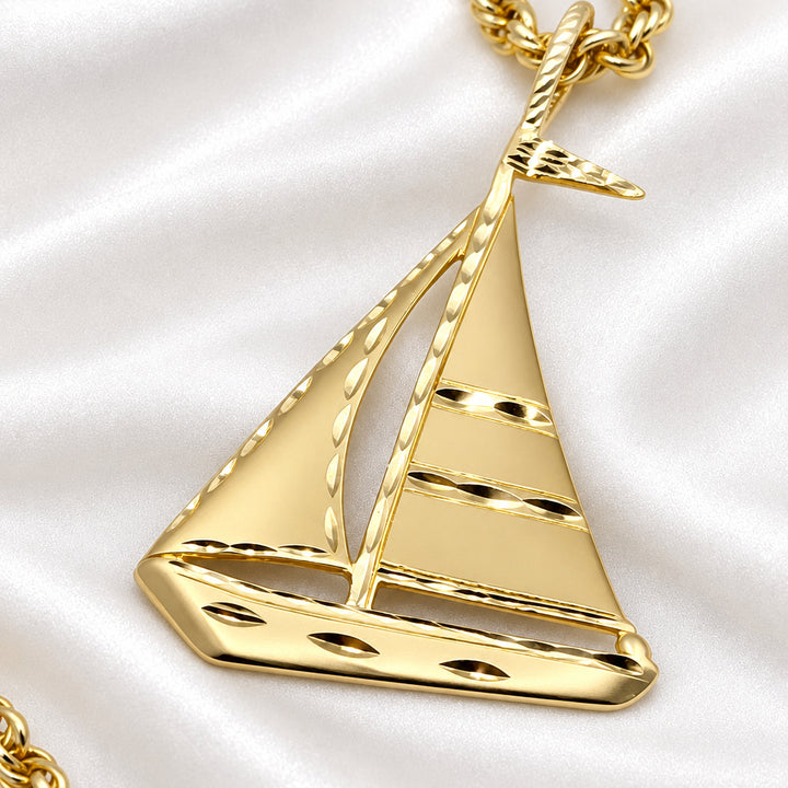 14K Gold Unisex Nautical Sailboat & Rope Chain Necklace