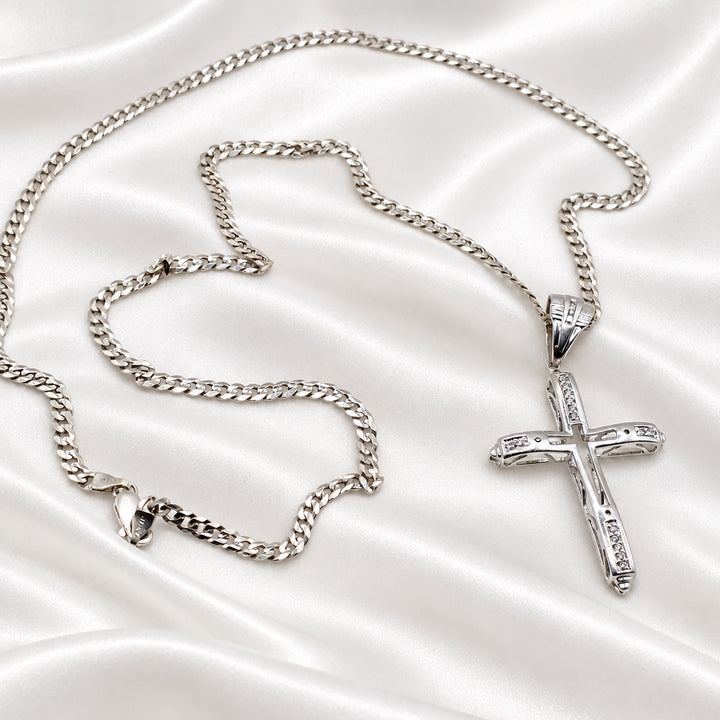 14K White Gold & Diamond Unisex Open Work Cross Cuban Link Necklace