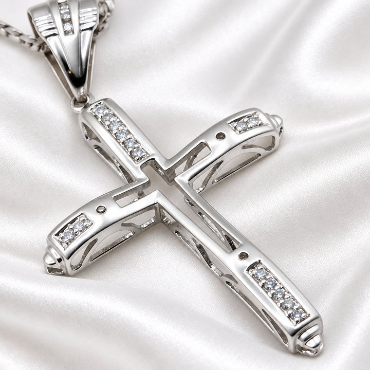14K White Gold & Diamond Unisex Open Work Cross Cuban Link Necklace