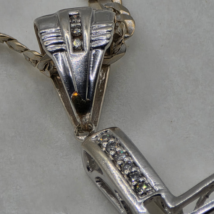 14K White Gold & Diamond Unisex Open Work Cross Cuban Link Necklace