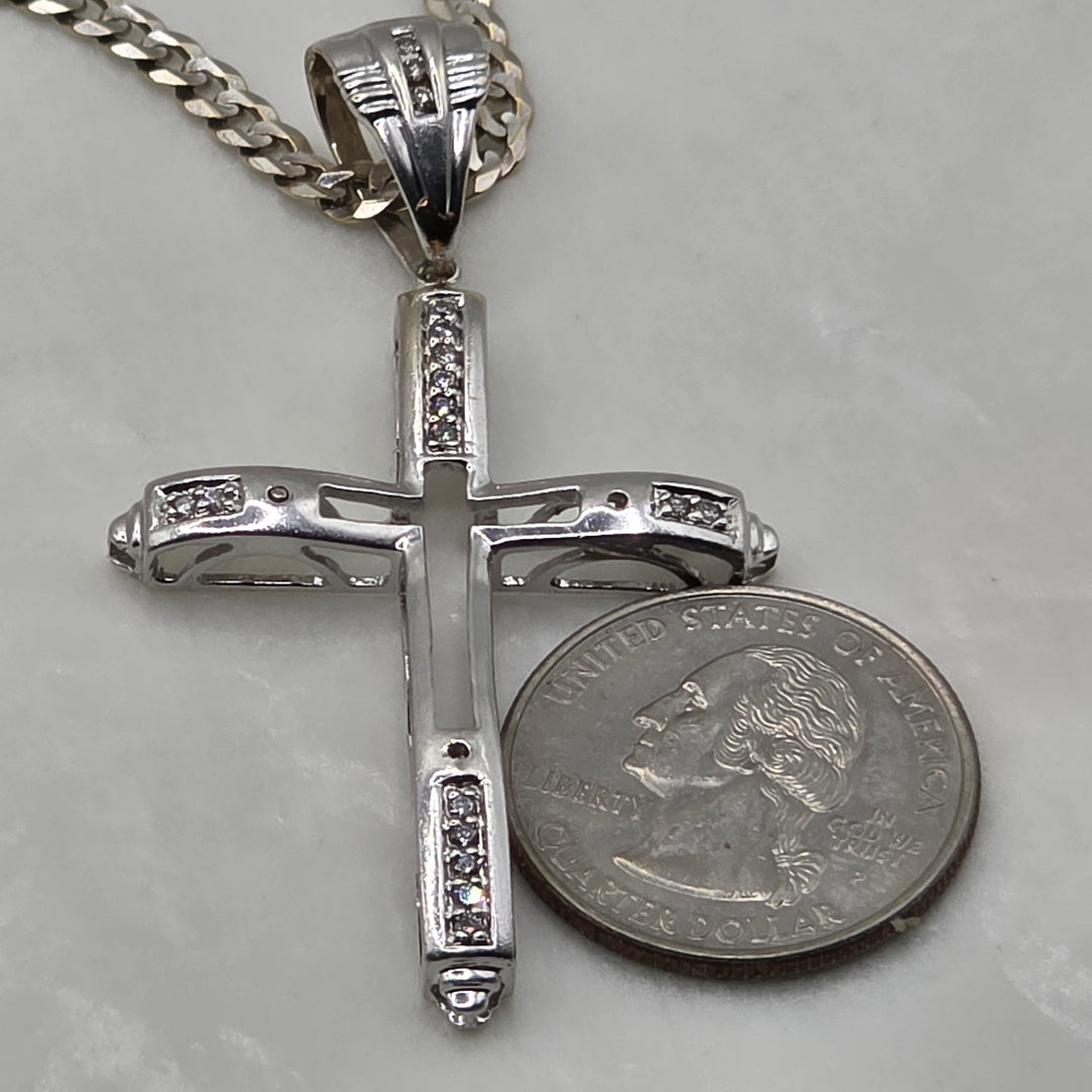 14K White Gold & Diamond Unisex Open Work Cross Cuban Link Necklace