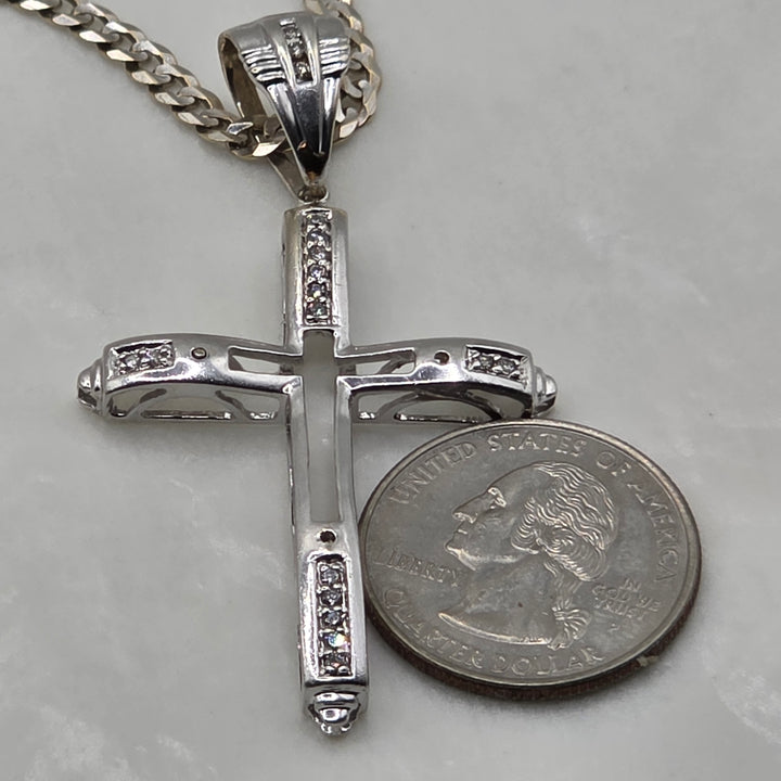 14K White Gold & Diamond Unisex Open Work Cross Cuban Link Necklace