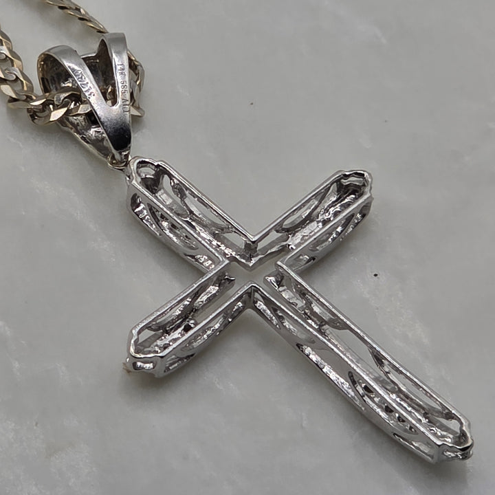 14K White Gold & Diamond Unisex Open Work Cross Cuban Link Necklace