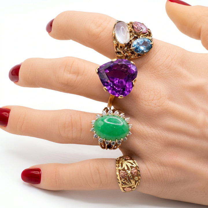 14K Gold Brutalist 3 Asymmetrical Stones Statement Ring