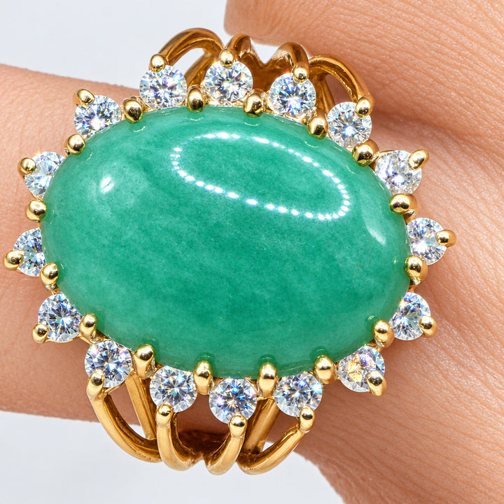 14K Gold, Halo Diamond, Green Jadeite Statement Ring
