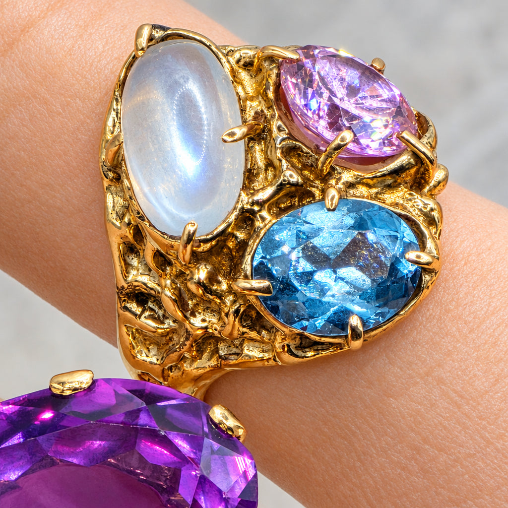 14K Gold Brutalist 3 Asymmetrical Stones Statement Ring